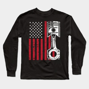 Patriotic American Flag Piston Muscle Car Vintage Distressed Long Sleeve T-Shirt